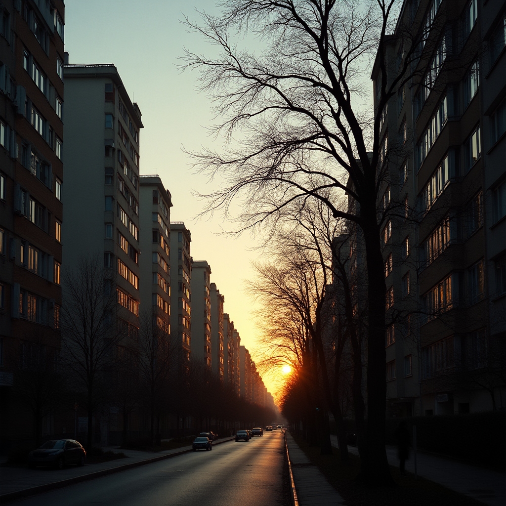 Vedere a clădirilor rezidențiale dintr-un cartier din România, în lumină caldă de seară