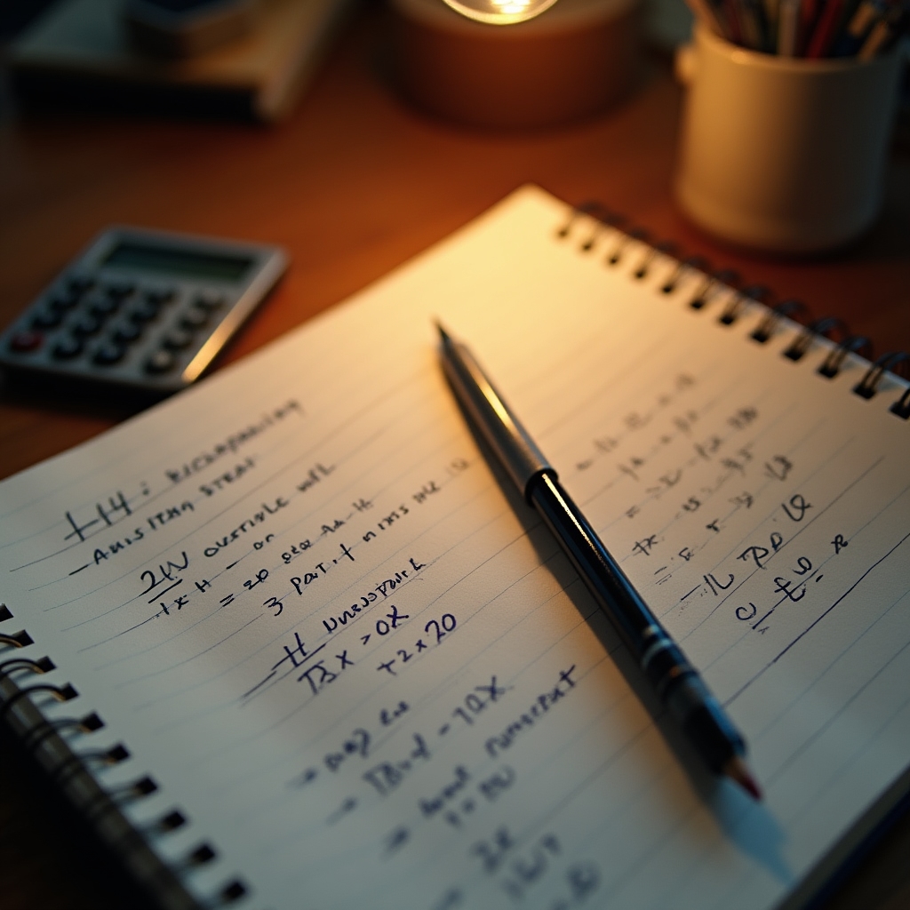 Notițe de mână cu calcule de randament anual pentru o proprietate de chirie, pe un carnet deschis
