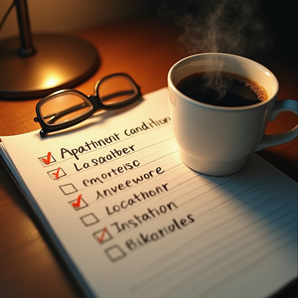 Listă de verificare scrisă de mână pentru evaluarea unui apartament destinat închirierii, alături de o ceașcă de cafea